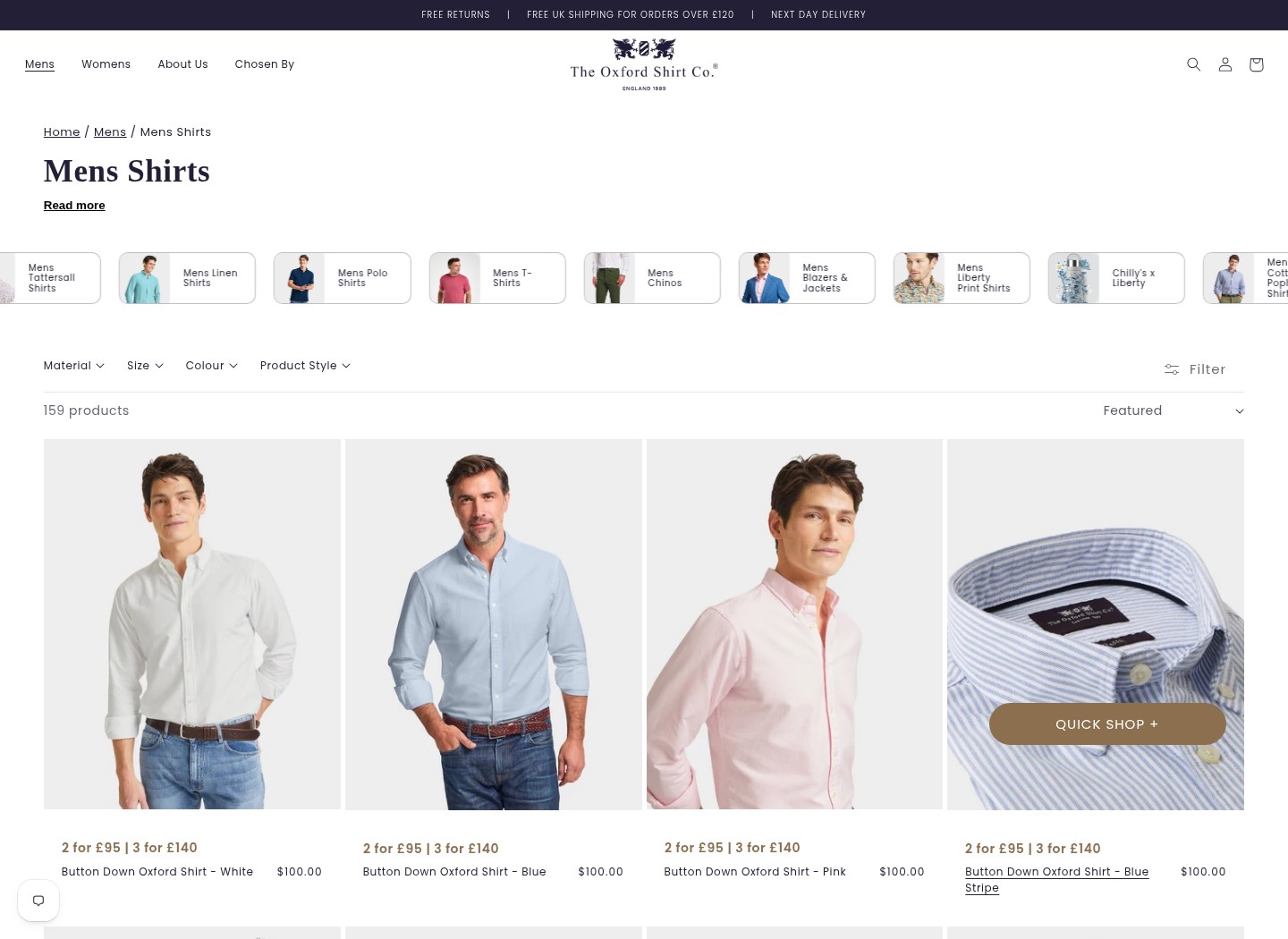 Collection browsing and product discovery — Oxford Shirt Company website design